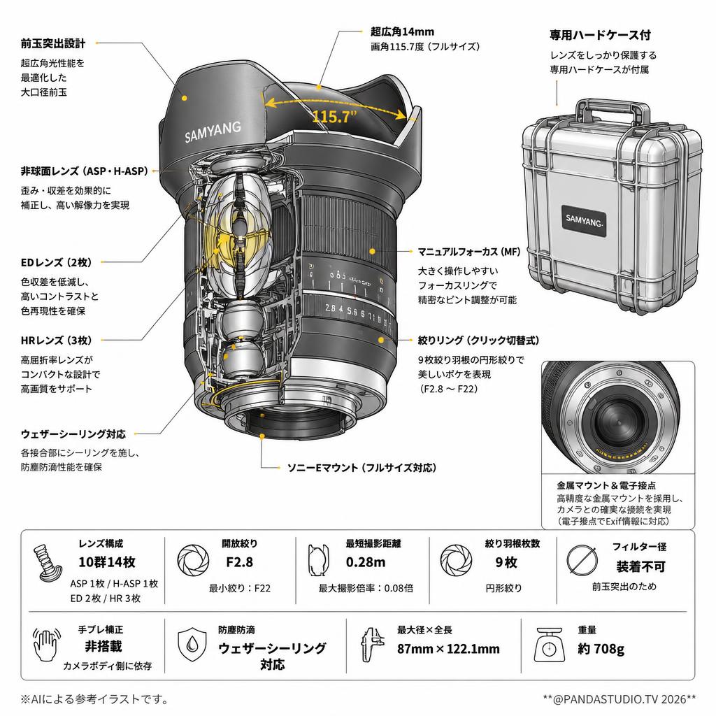 SAMYANG MF 14mm F2.8 MK2 SONY Eマウント用（マニュアルフォーカス）(ハードケ－ス付) スペック