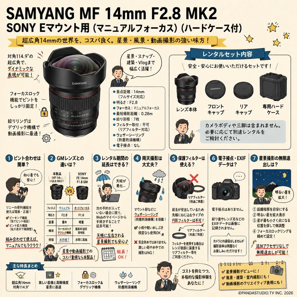 SAMYANG MF 14mm F2.8 MK2 SONY Eマウント用（マニュアルフォーカス）(ハードケ－ス付) FAQ（よくある質問と答え）