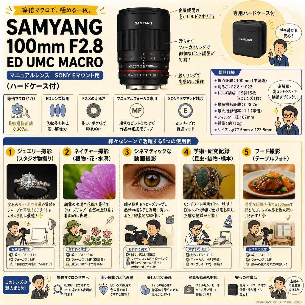 SAMYANG 100mm F2.8 ED UMC MACRO マニュアルレンズ SONY Eマウント用(ハードケ－ス付) 用途