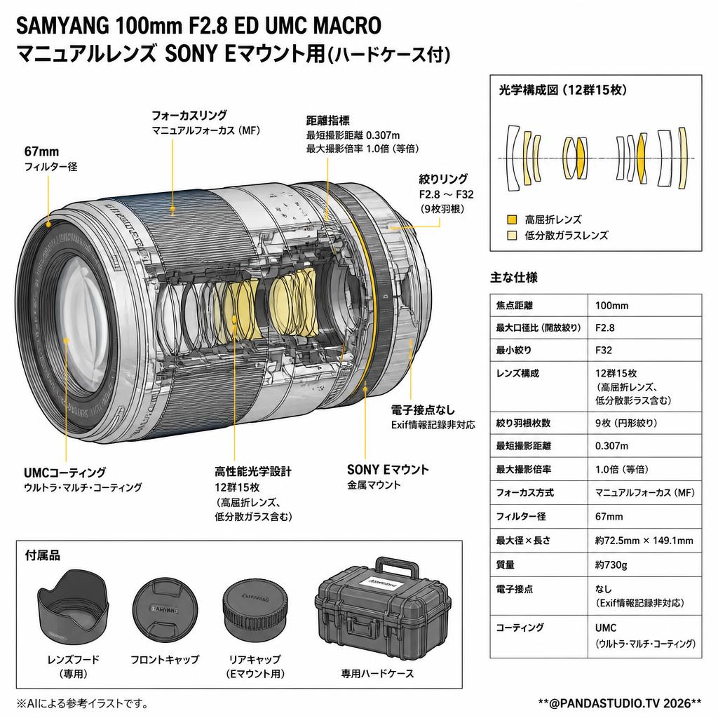 SAMYANG 100mm F2.8 ED UMC MACRO マニュアルレンズ SONY Eマウント用(ハードケ－ス付) スペック