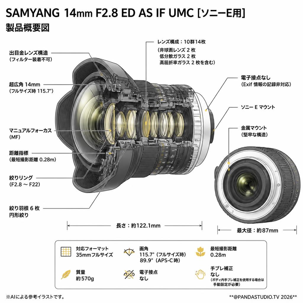 SAMYANG 14mm F2.8 ED AS IF UMC [ソニーE用] スペック