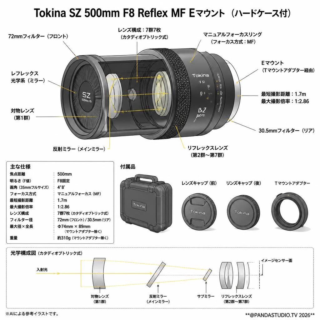 Tokina SZ 500mm F8 Reflex MF Eマウント  (ハードケ－ス付) スペック