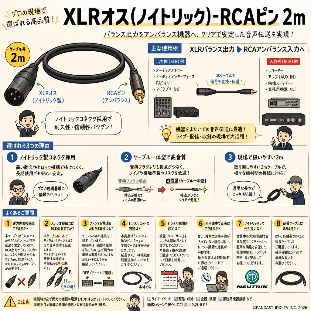 XLRオス(ノイトリック)-RCAピン 2m FAQ（よくある質問と答え）