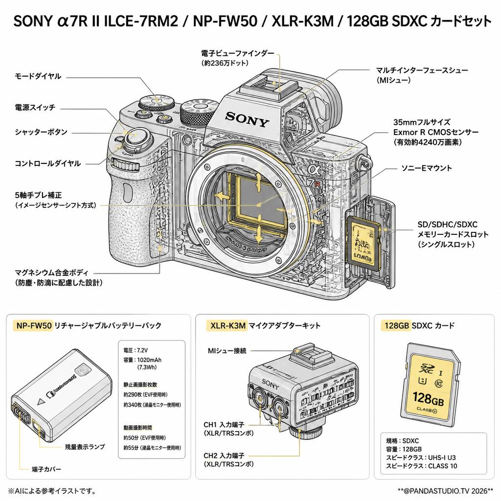 SONY α7R II ILCE-7RM2 / NP-FW50 / XLR-K3M / 128GB SDXC カードセット スペック