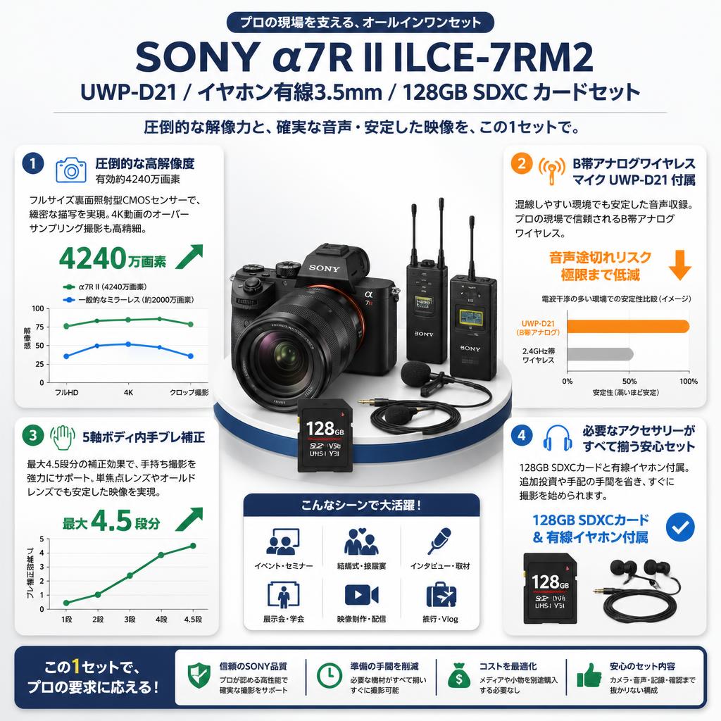 SONY α7R II ILCE-7RM2 / UWP-D21/ イヤホン有線3.5mm / 128GB SDXC カードセット セールスポイント