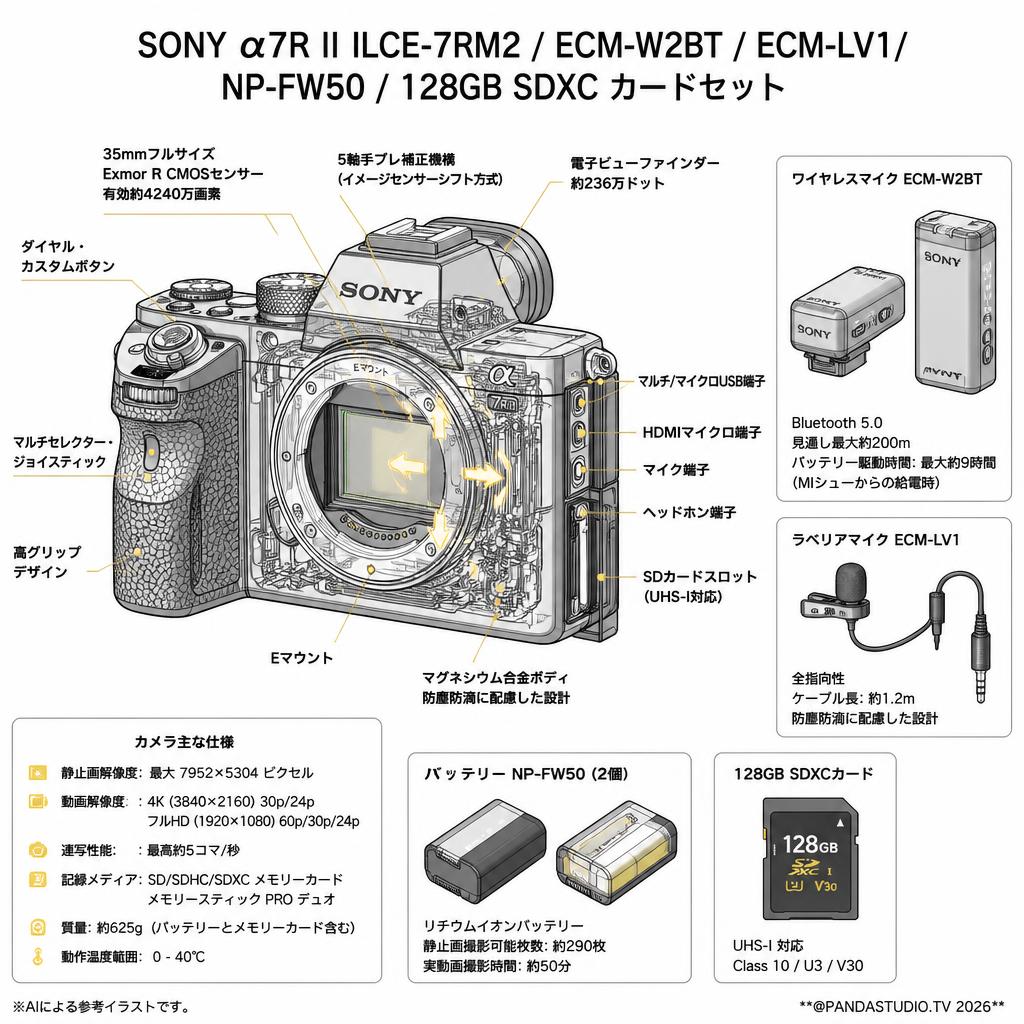 SONY α7R II ILCE-7RM2 / ECM-W2BT / ECM-LV1/ NP-FW50 / 128GB SDXC カードセット スペック
