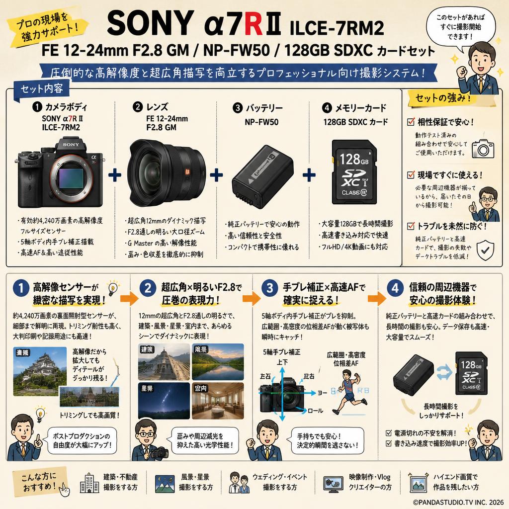 SONY α7R II ILCE-7RM2 / FE 12-24mm F2.8 GM / NP-FW50 / 128GB SDXC カードセット 概要