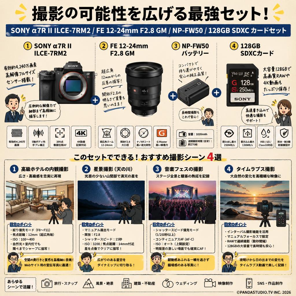 SONY α7R II ILCE-7RM2 / FE 12-24mm F2.8 GM / NP-FW50 / 128GB SDXC カードセット 用途