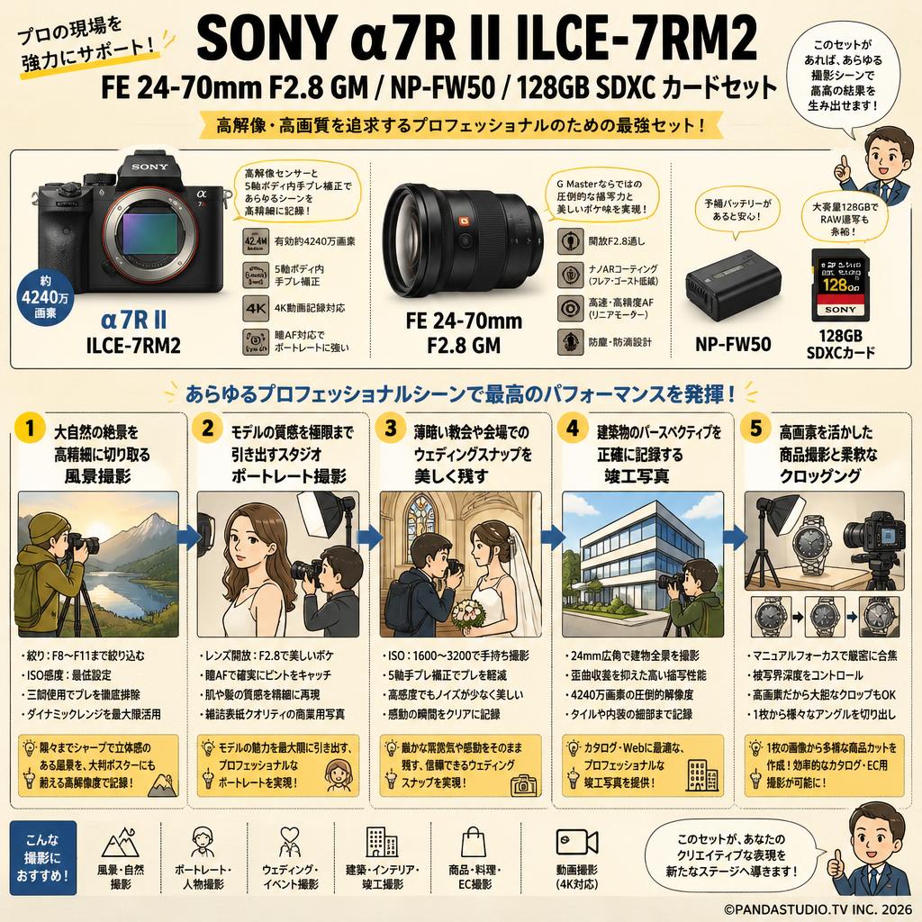 SONY α7R II ILCE-7RM2 / FE 24-70mm F2.8 GM / NP-FW50 / 128GB SDXC カードセット 用途