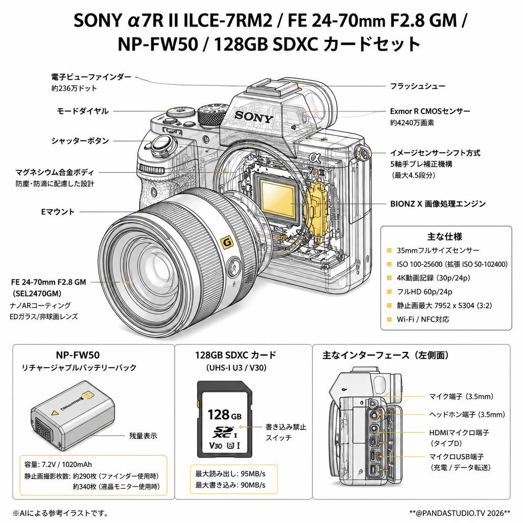 SONY α7R II ILCE-7RM2 / FE 24-70mm F2.8 GM / NP-FW50 / 128GB SDXC カードセット スペック