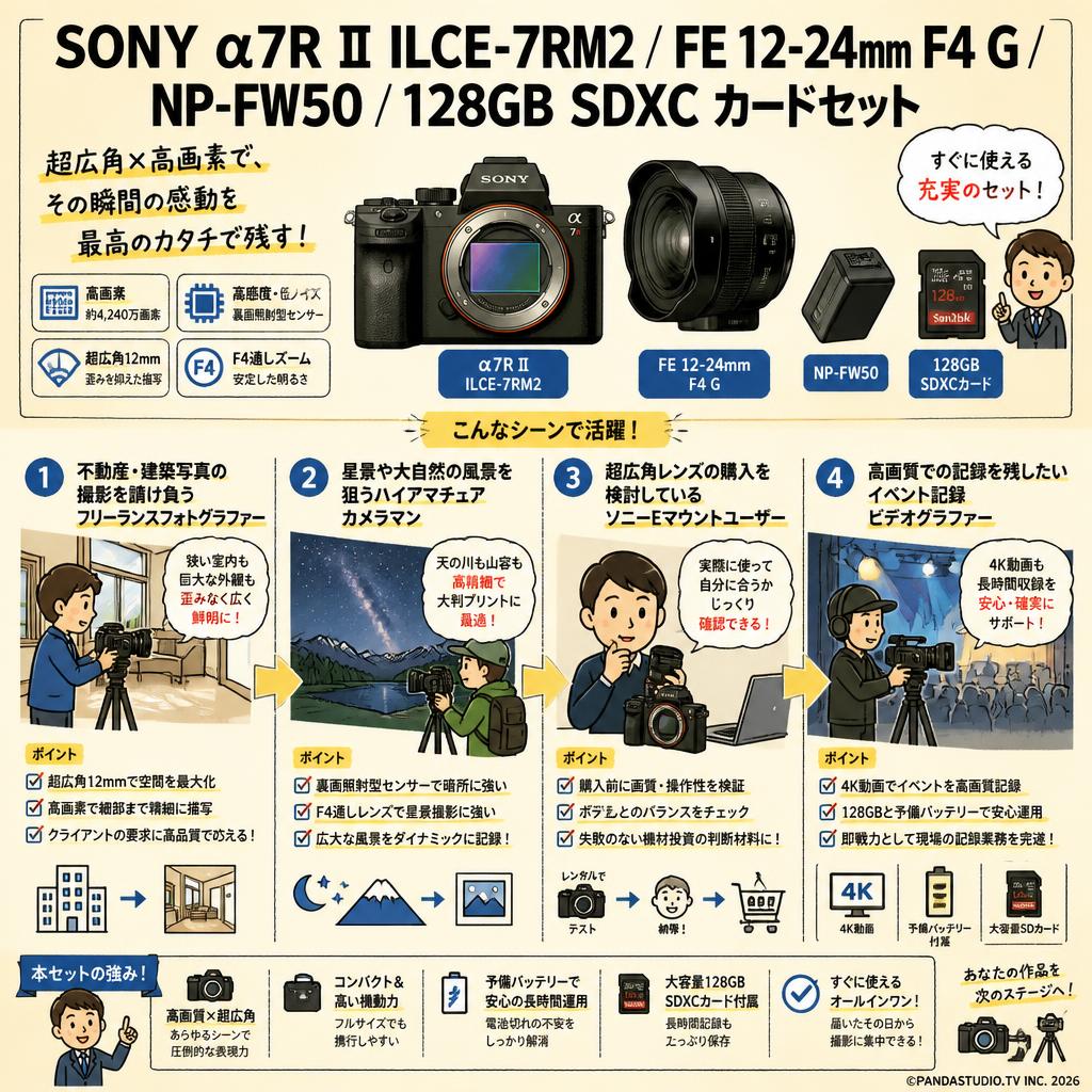 SONY α7R II ILCE-7RM2 / FE 12-24mm F4 G / NP-FW50 / 128GB SDXC カードセット おもな対象のお客様