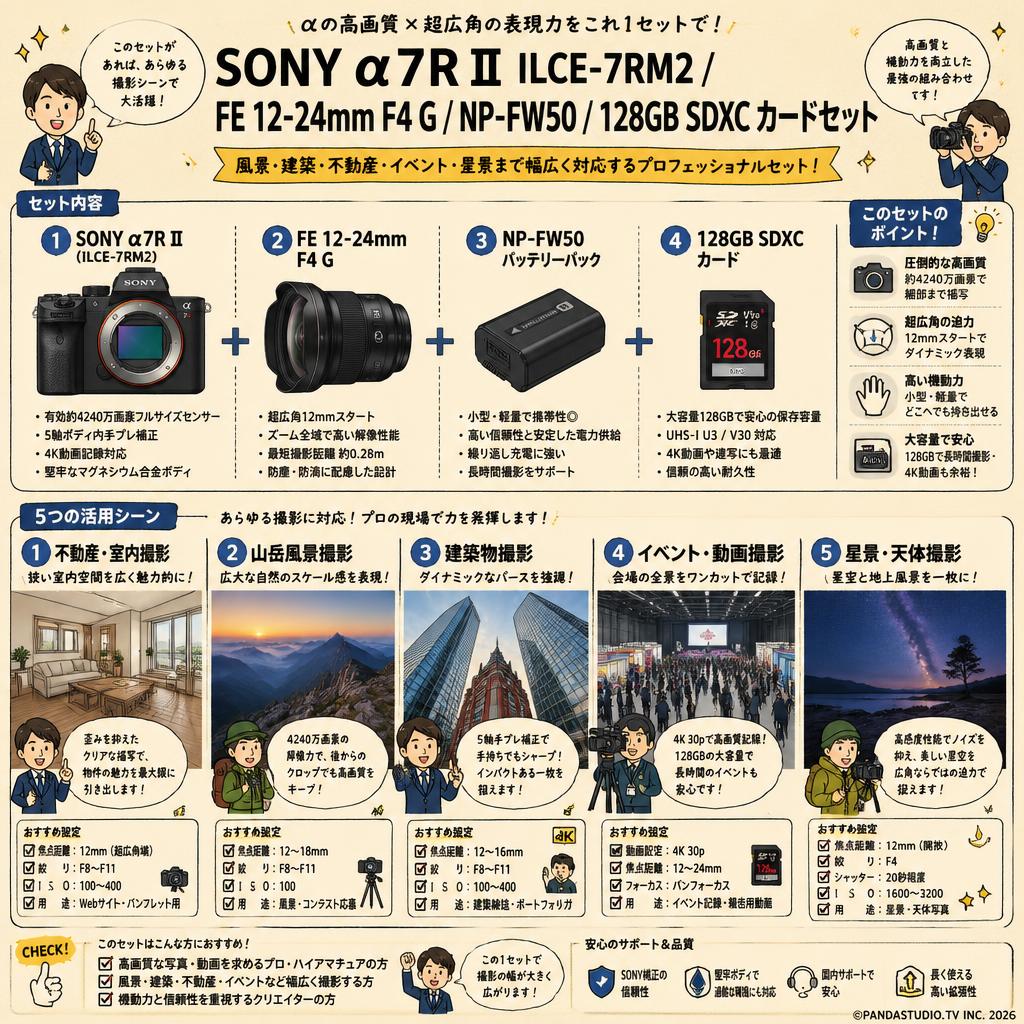 SONY α7R II ILCE-7RM2 / FE 12-24mm F4 G / NP-FW50 / 128GB SDXC カードセット 用途