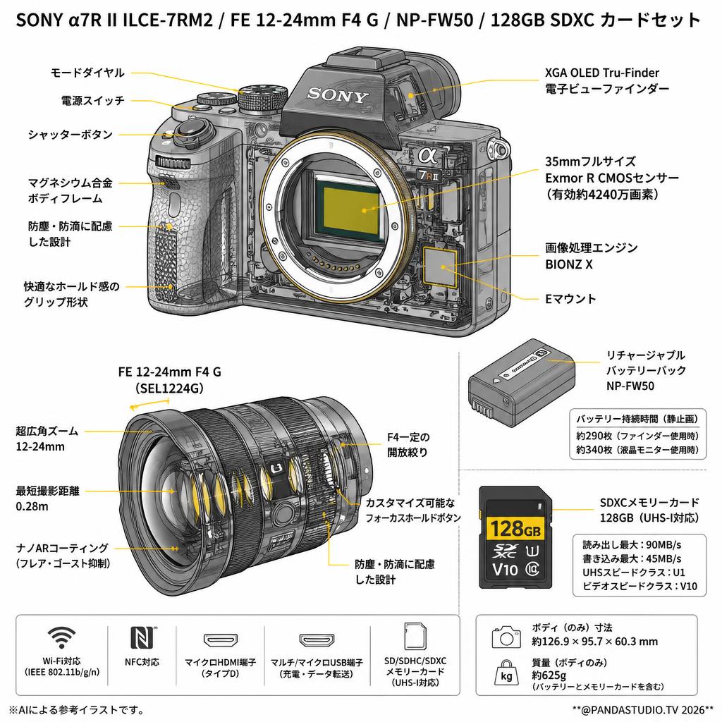 SONY α7R II ILCE-7RM2 / FE 12-24mm F4 G / NP-FW50 / 128GB SDXC カードセット スペック