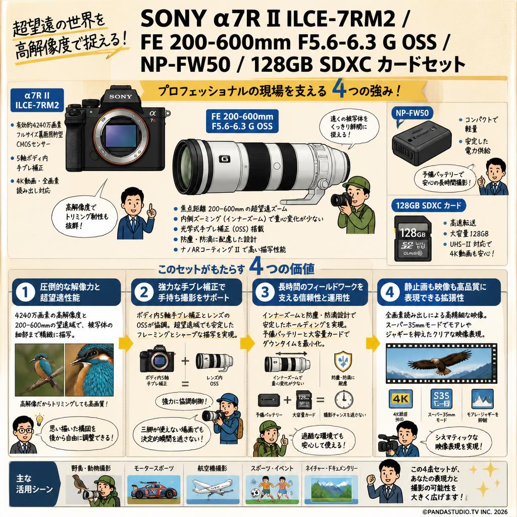 SONY α7R II ILCE-7RM2 / FE 200-600mm F5.6-6.3 G OSS / NP-FW50 / 128GB SDXC カードセット 概要
