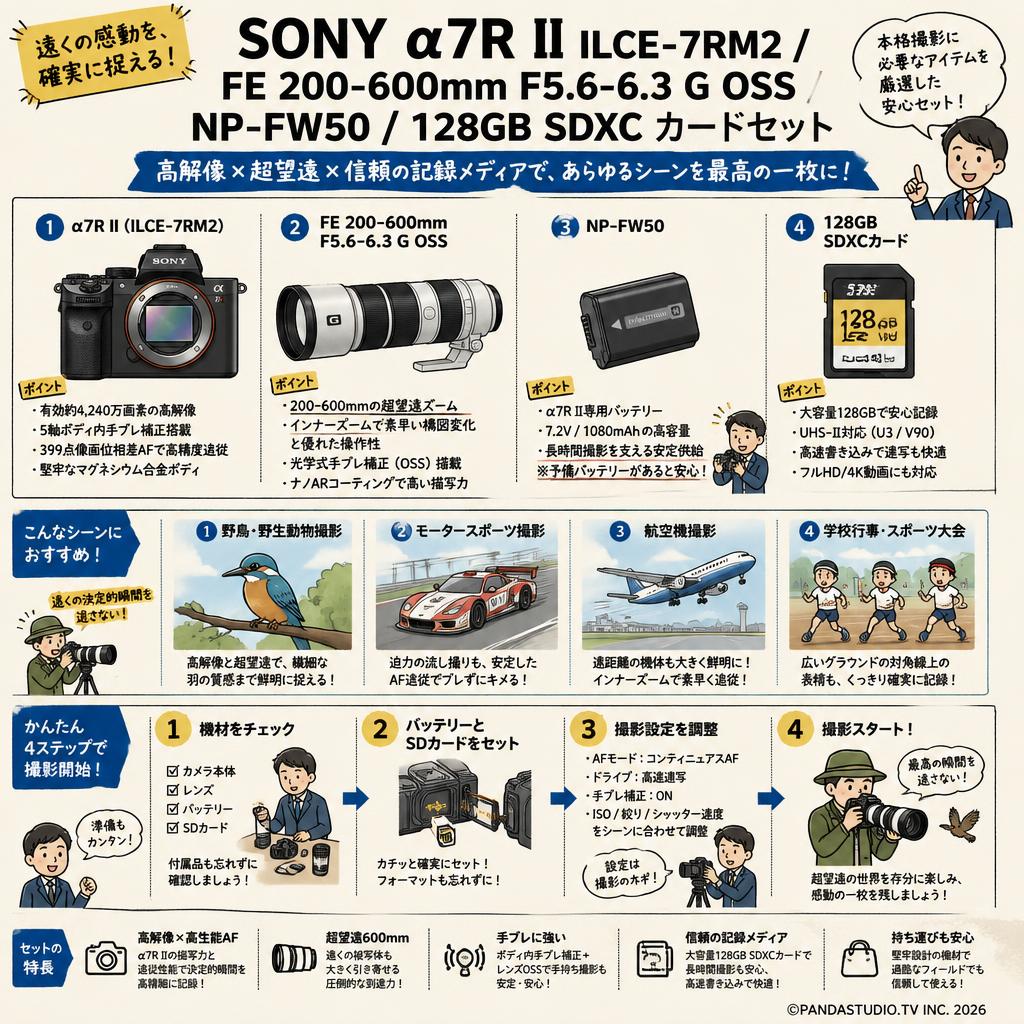 SONY α7R II ILCE-7RM2 / FE 200-600mm F5.6-6.3 G OSS / NP-FW50 / 128GB SDXC カードセット おもな対象のお客様