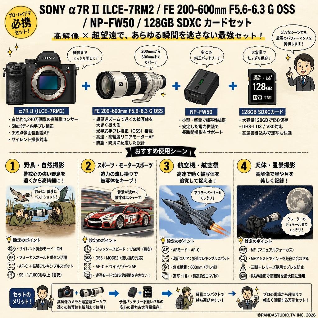 SONY α7R II ILCE-7RM2 / FE 200-600mm F5.6-6.3 G OSS / NP-FW50 / 128GB SDXC カードセット 用途