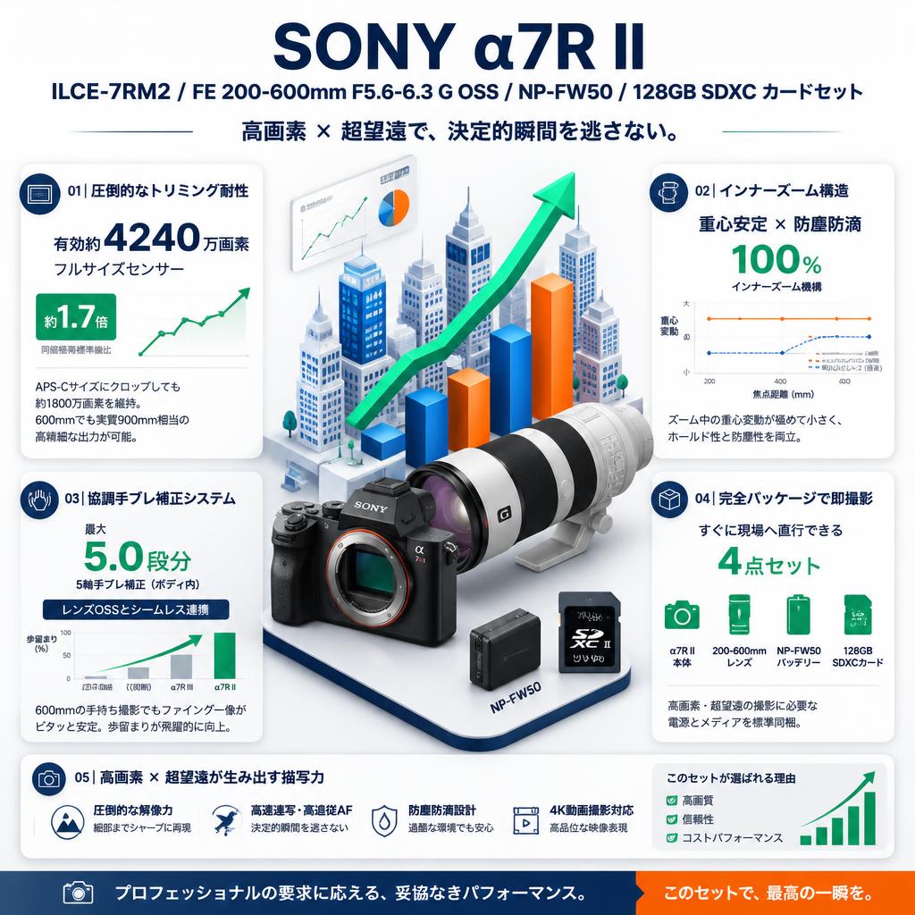 SONY α7R II ILCE-7RM2 / FE 200-600mm F5.6-6.3 G OSS / NP-FW50 / 128GB SDXC カードセット セールスポイント