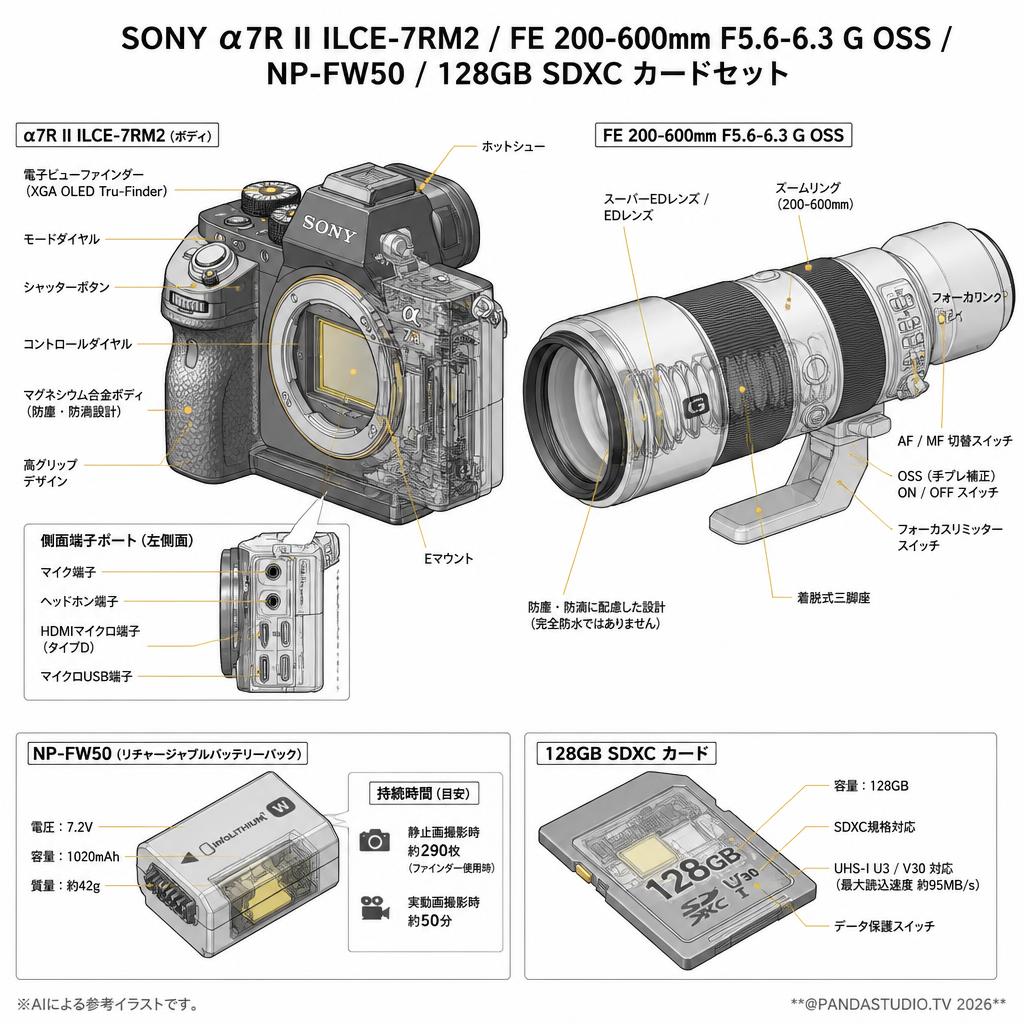 SONY α7R II ILCE-7RM2 / FE 200-600mm F5.6-6.3 G OSS / NP-FW50 / 128GB SDXC カードセット スペック