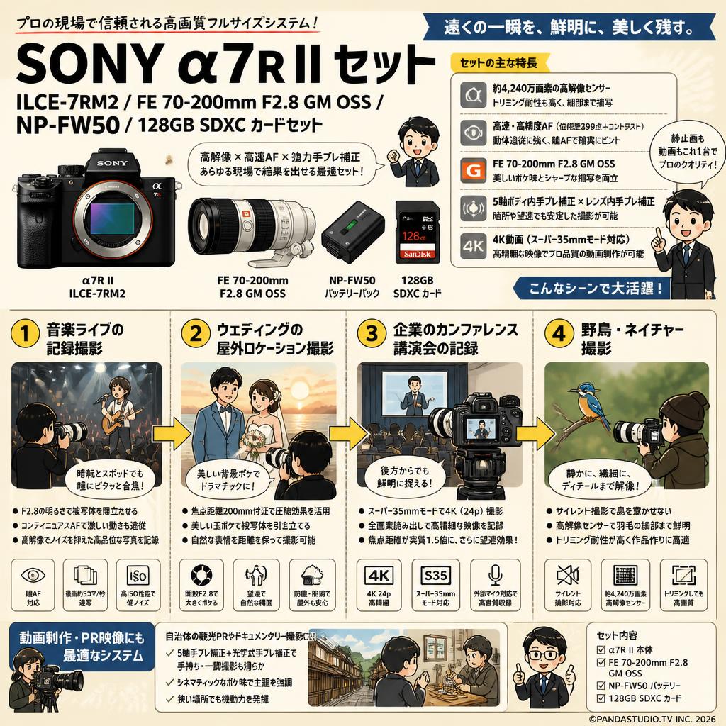 SONY α7R II ILCE-7RM2 / FE 70-200mm F2.8 GM OSS / NP-FW50 / 128GB SDXC カードセット 用途
