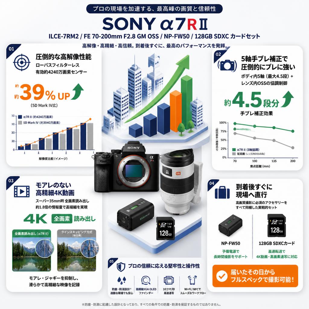 SONY α7R II ILCE-7RM2 / FE 70-200mm F2.8 GM OSS / NP-FW50 / 128GB SDXC カードセット セールスポイント