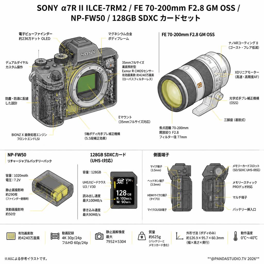 SONY α7R II ILCE-7RM2 / FE 70-200mm F2.8 GM OSS / NP-FW50 / 128GB SDXC カードセット スペック