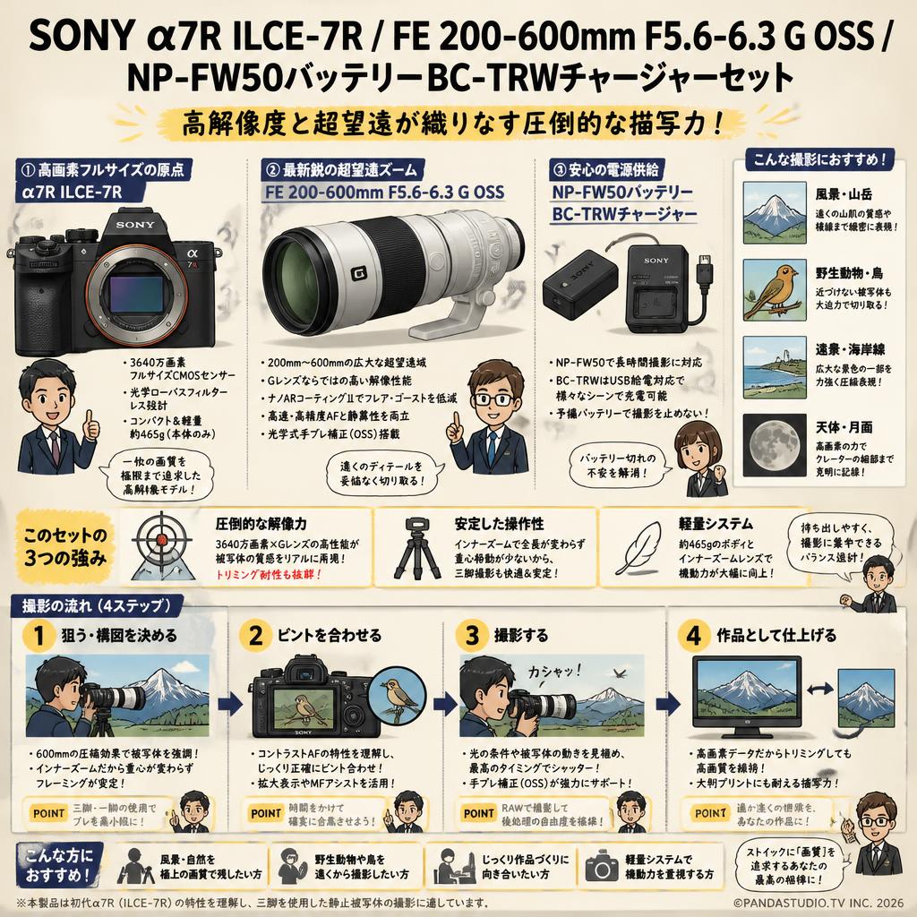 SONY α7R ILCE-7R / FE 200-600mm F5.6-6.3 G OSS / NP-FW50バッテリーBC-TRWチャージャーセット 概要