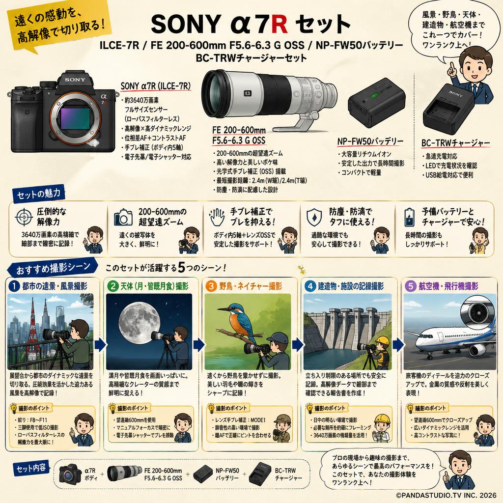 SONY α7R ILCE-7R / FE 200-600mm F5.6-6.3 G OSS / NP-FW50バッテリーBC-TRWチャージャーセット 用途