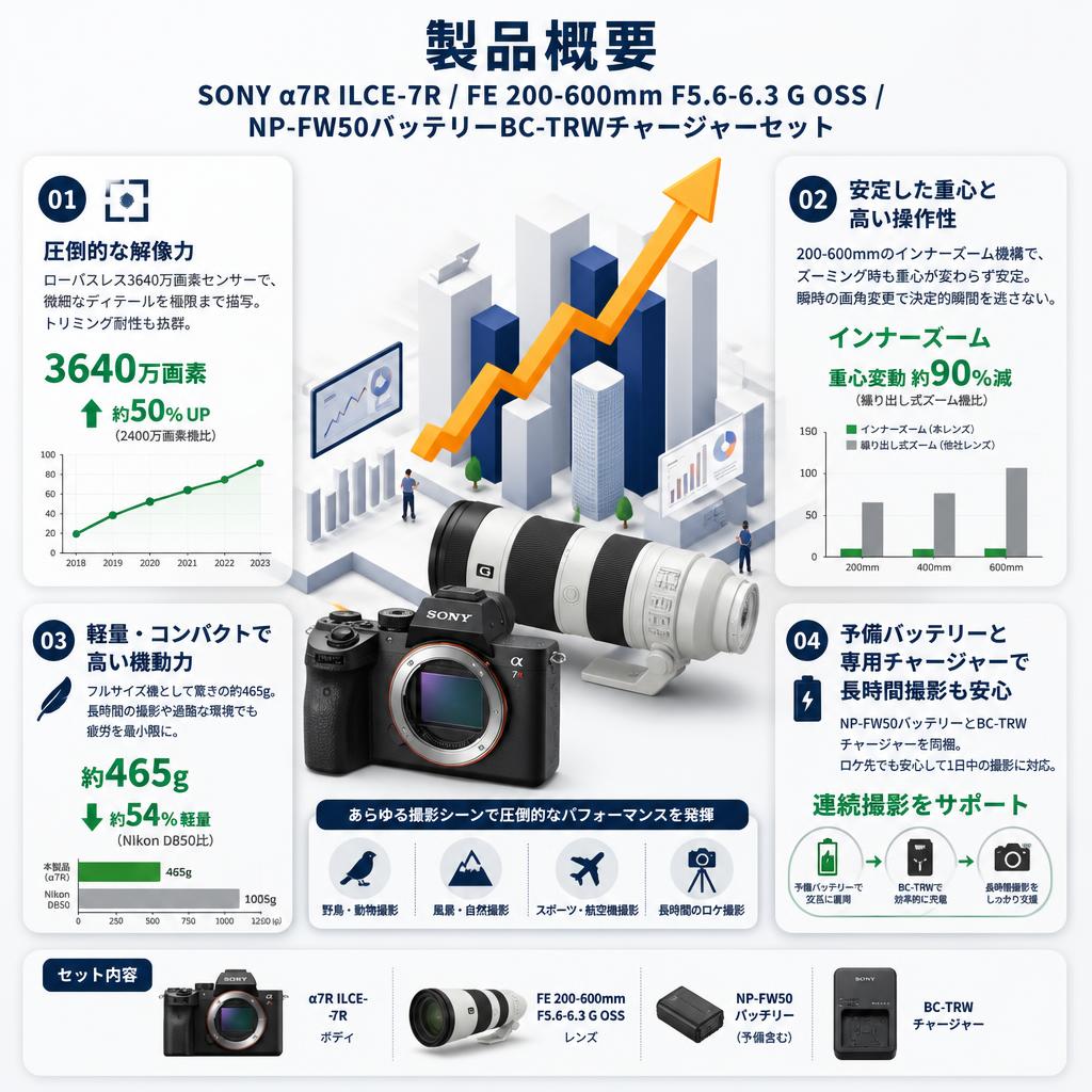 SONY α7R ILCE-7R / FE 200-600mm F5.6-6.3 G OSS / NP-FW50バッテリーBC-TRWチャージャーセット セールスポイント