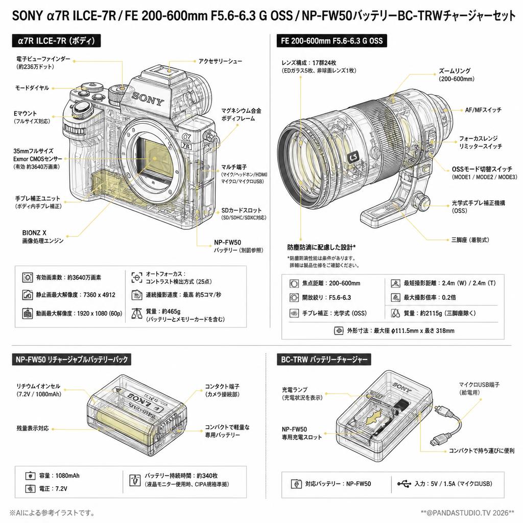 SONY α7R ILCE-7R / FE 200-600mm F5.6-6.3 G OSS / NP-FW50バッテリーBC-TRWチャージャーセット スペック