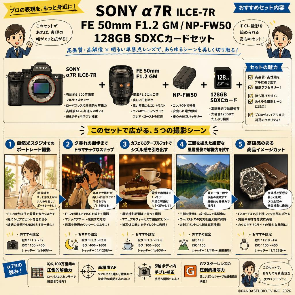 SONY α7R ILCE-7R / FE 50mm F1.2 GM/ NP-FW50 / 128GB SDXC カードセット 用途
