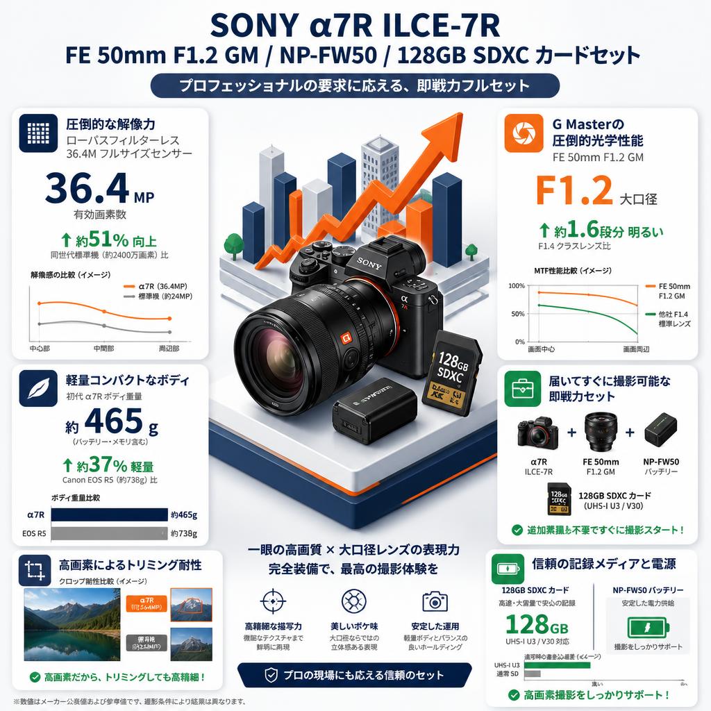 SONY α7R ILCE-7R / FE 50mm F1.2 GM/ NP-FW50 / 128GB SDXC カードセット セールスポイント