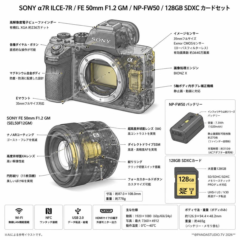 SONY α7R ILCE-7R / FE 50mm F1.2 GM/ NP-FW50 / 128GB SDXC カードセット スペック