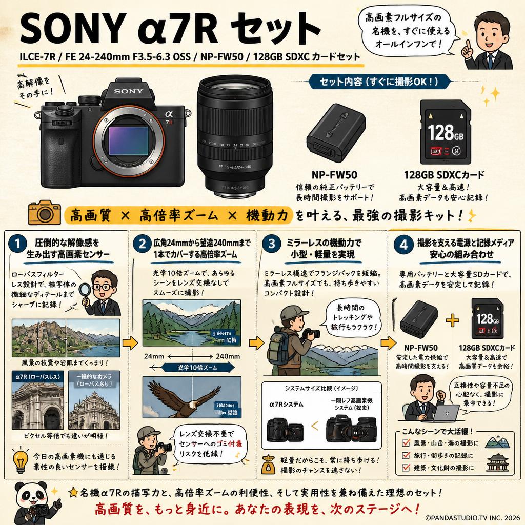 SONY α7R ILCE-7R / FE 24-240mm F3.5-6.3 OSS / NP-FW50 / 128GB SDXC カードセット 概要
