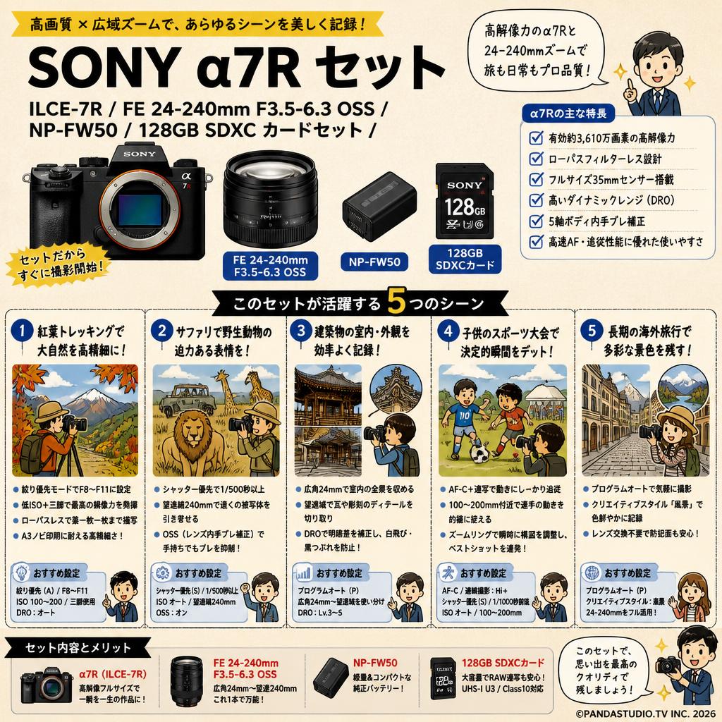 SONY α7R ILCE-7R / FE 24-240mm F3.5-6.3 OSS / NP-FW50 / 128GB SDXC カードセット 用途