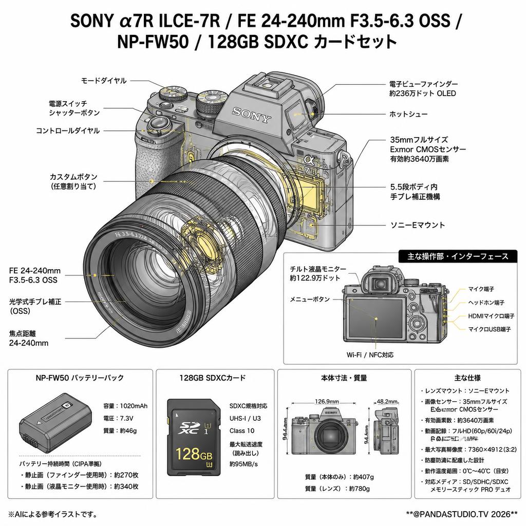 SONY α7R ILCE-7R / FE 24-240mm F3.5-6.3 OSS / NP-FW50 / 128GB SDXC カードセット スペック