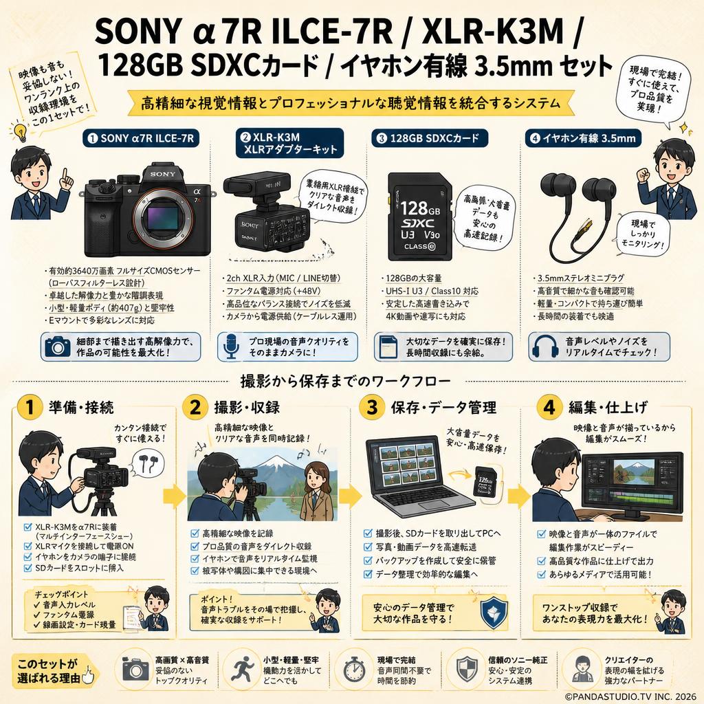 SONY α7R ILCE-7R / XLR-K3M / 128GB SDXC カード / イヤホン有線 3.5mm セット 概要