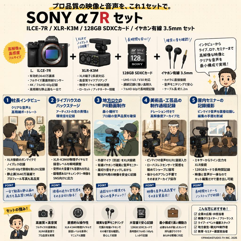 SONY α7R ILCE-7R / XLR-K3M / 128GB SDXC カード / イヤホン有線 3.5mm セット 用途