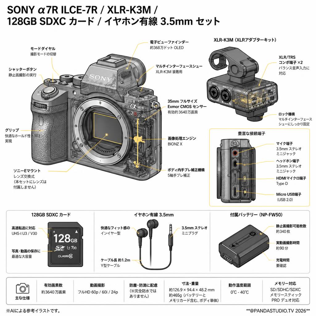SONY α7R ILCE-7R / XLR-K3M / 128GB SDXC カード / イヤホン有線 3.5mm セット スペック