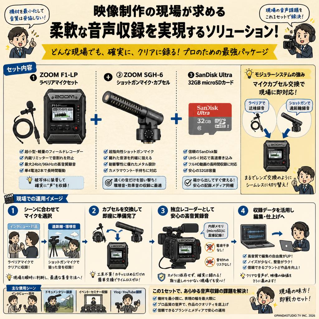 ZOOM 【F1-LP ラベリアマイク+ ZOOM SGH-6 ショットガンマイク・カプセル】+ SanDisk Ultra  32GB micro 概要