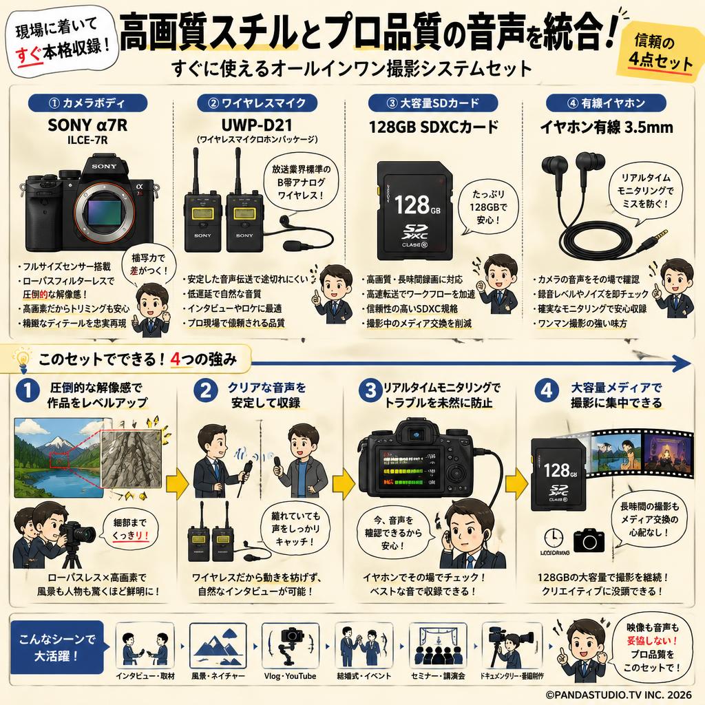 SONY α7R ILCE-7R / UWP-D21/ 128GB SDXC カード / イヤホン有線 3.5mm セット 概要