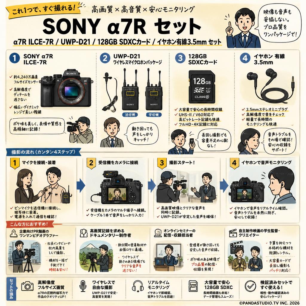 SONY α7R ILCE-7R / UWP-D21/ 128GB SDXC カード / イヤホン有線 3.5mm セット おもな対象のお客様