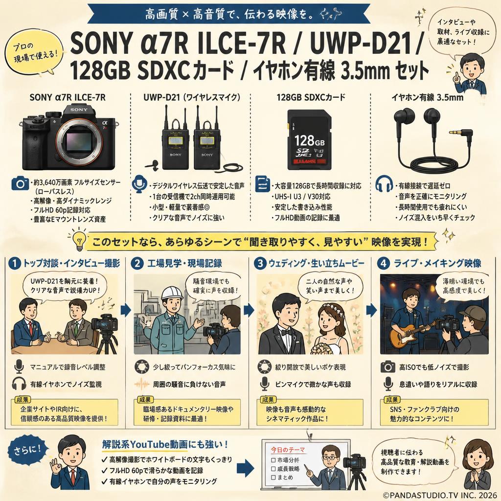 SONY α7R ILCE-7R / UWP-D21/ 128GB SDXC カード / イヤホン有線 3.5mm セット 用途