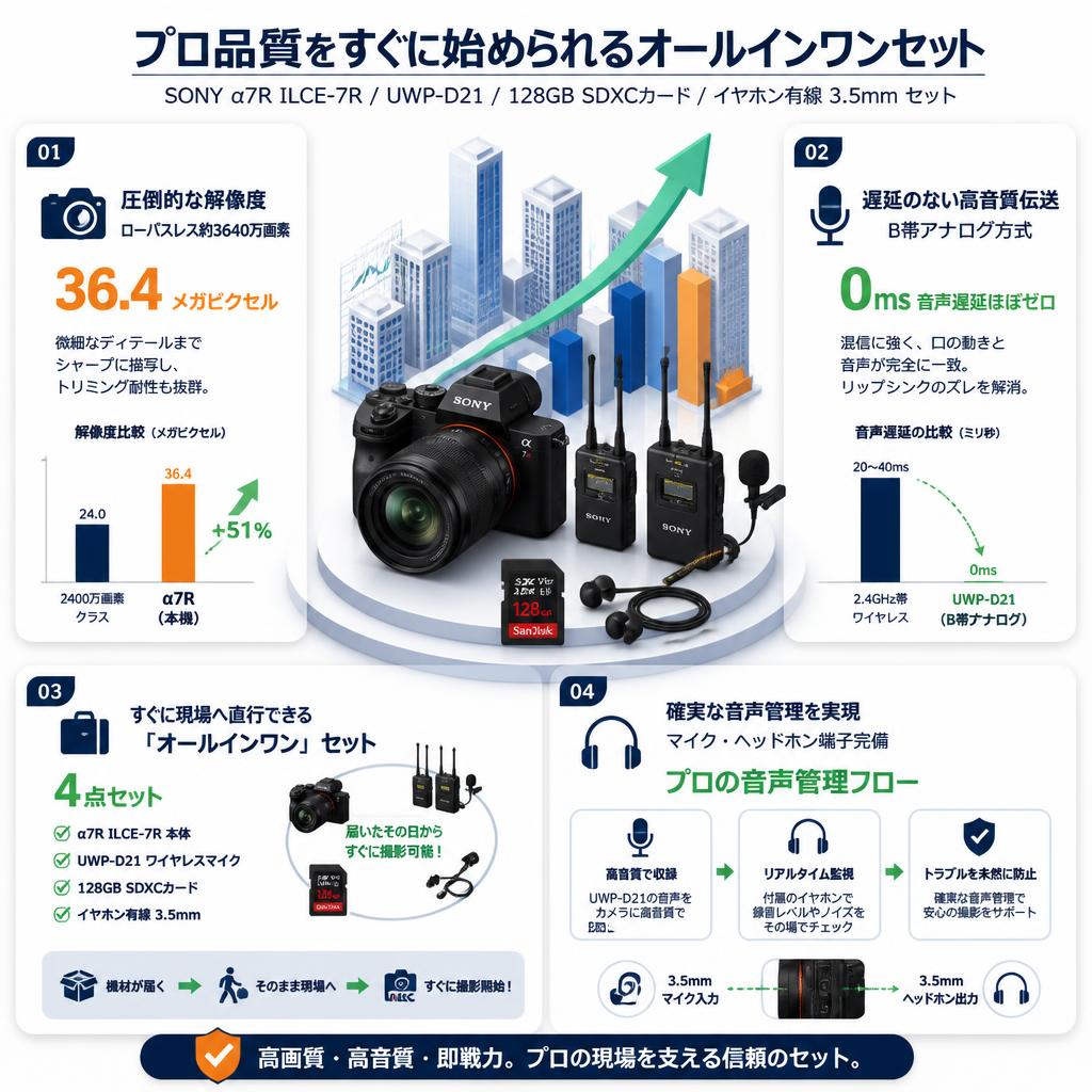 SONY α7R ILCE-7R / UWP-D21/ 128GB SDXC カード / イヤホン有線 3.5mm セット セールスポイント