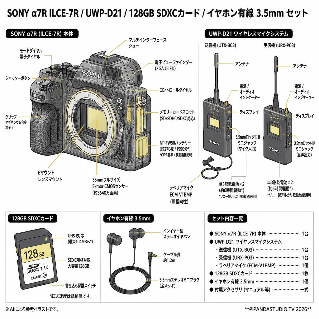 SONY α7R ILCE-7R / UWP-D21/ 128GB SDXC カード / イヤホン有線 3.5mm セット スペック