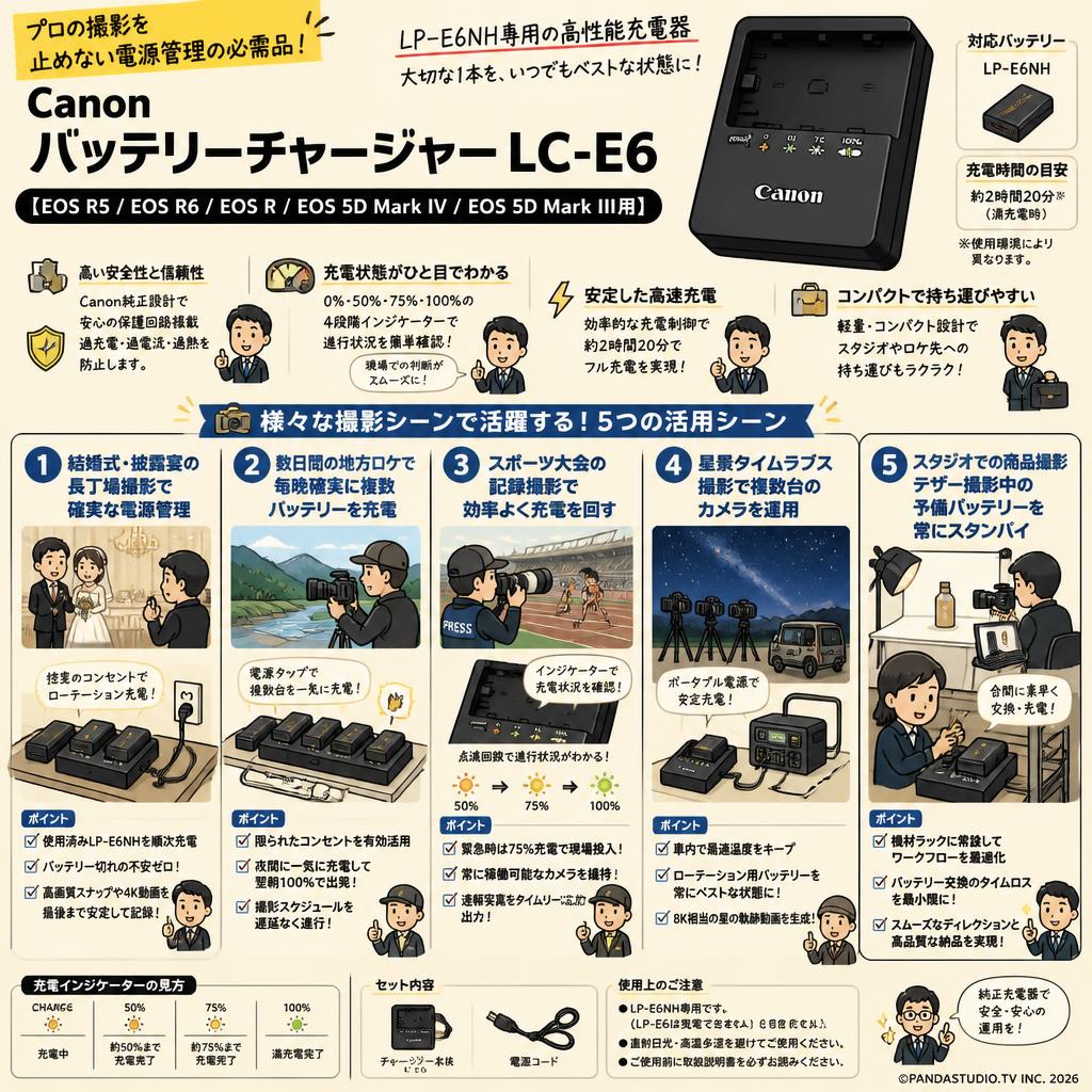 Canon バッテリーチャージャー LC-E6 【EOS R5 / EOS R6 / EOS R / EOS 5D Mark IV / EOS 5D Mark III用】 用途