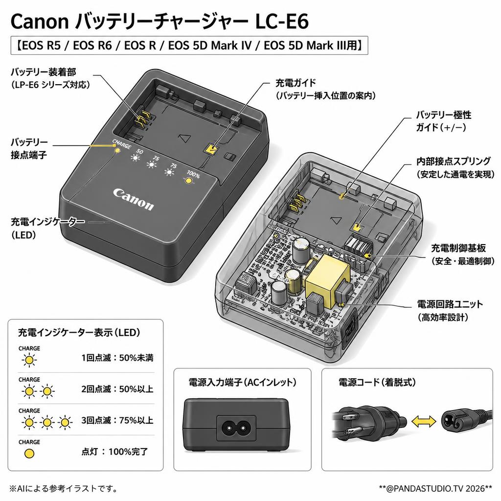 Canon バッテリーチャージャー LC-E6 【EOS R5 / EOS R6 / EOS R / EOS 5D Mark IV / EOS 5D Mark III用】 スペック