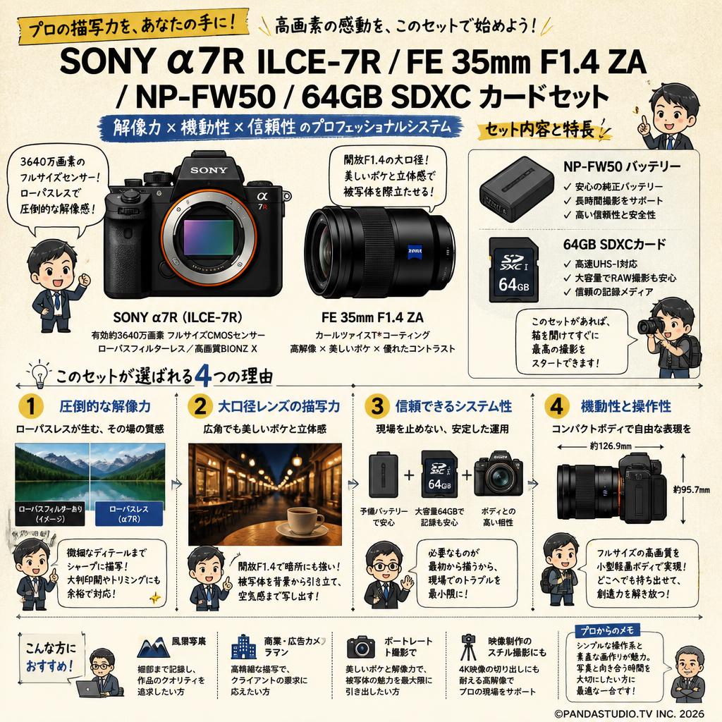 SONY α7R ILCE-7R / FE 35mm F1.4 ZA / NP-FW50 / 64GB SDXC カードセット 概要