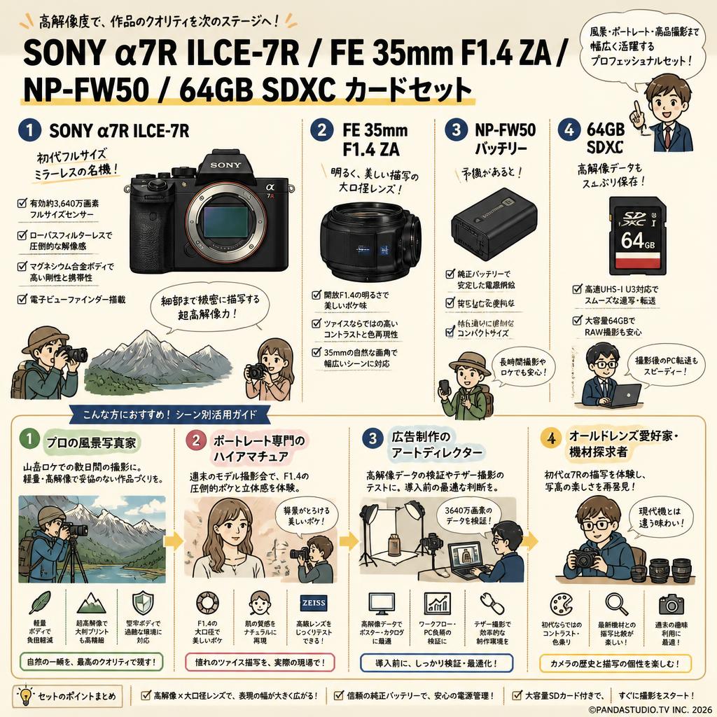SONY α7R ILCE-7R / FE 35mm F1.4 ZA / NP-FW50 / 64GB SDXC カードセット おもな対象のお客様