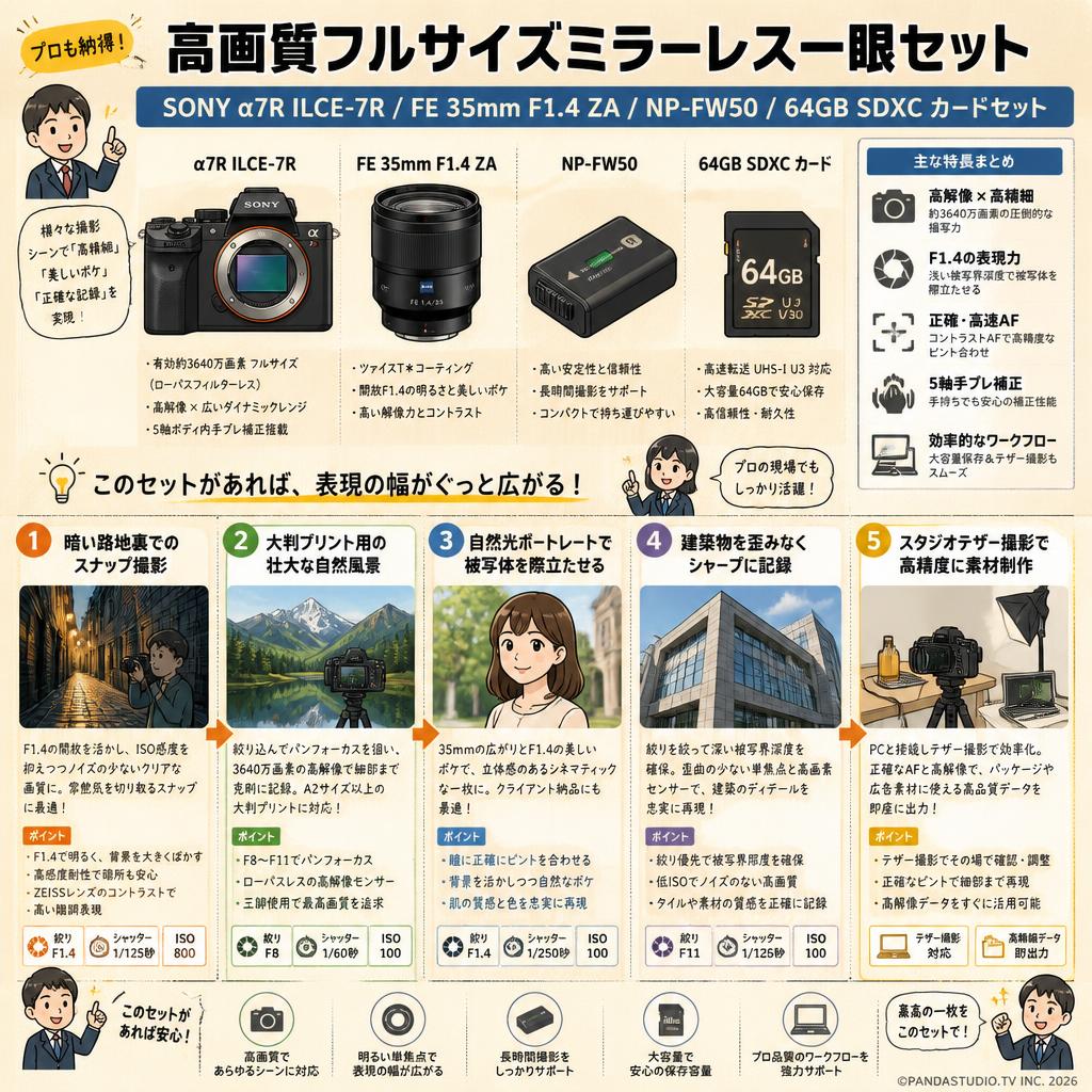 SONY α7R ILCE-7R / FE 35mm F1.4 ZA / NP-FW50 / 64GB SDXC カードセット 用途