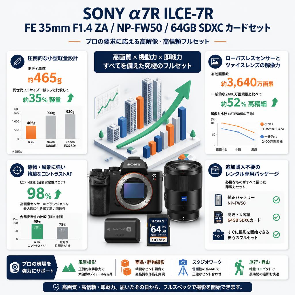 SONY α7R ILCE-7R / FE 35mm F1.4 ZA / NP-FW50 / 64GB SDXC カードセット セールスポイント